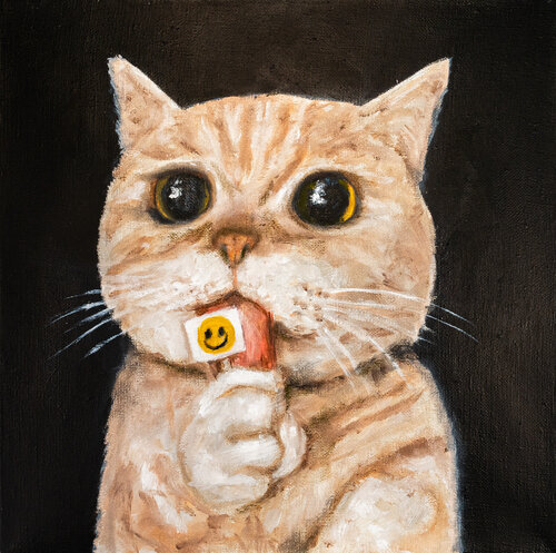 30x30 cm - Curious Cat with a Smile. Cat painting, Smile artwork, Funny cat, Curious cat, Whimsical cat, Wide-eyed cat, Cute animal art, Orange cat, Yellow smiley, Playful art, Humor in art, Cat lovers art, Animal portraits, Fun wall decor, Cat face art, van Victo, Schilderij te koop op Singulart