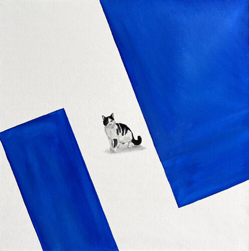 Geometric Cat Harmony - cat and modern design, abstract geometric cat, minimalist accents, bold blue and white art, feline-inspired abstract. van Victo, Schilderij te koop op Singulart