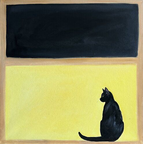 Black Cat Abstract: Rothko-Inspired Minimalist Elegance   Contemporary Cat Painting for Animal Lovers & Modern Spaces van Victo, Schilderij te koop op Singulart