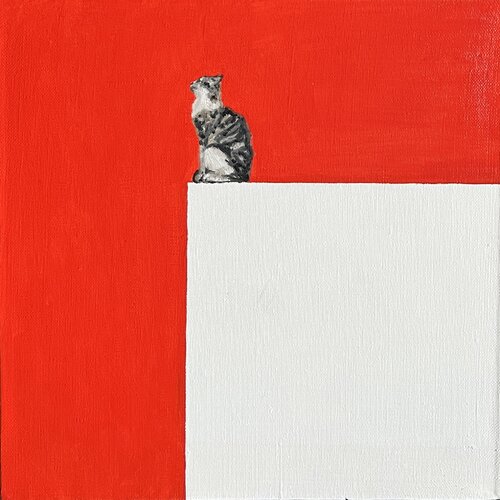 Fearless Cat Charm cat artwork, minimalist cat art, abstract cat painting, red and white painting, modern animal art contemporary cat decor van Victo, Schilderij te koop op Singulart