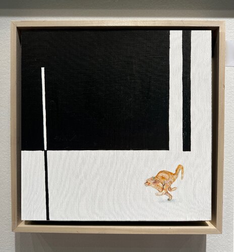 Minimalist Escape Cat | Black and White Geometric Painting with Ginger Cat van Victo, Schilderij te koop op Singulart
