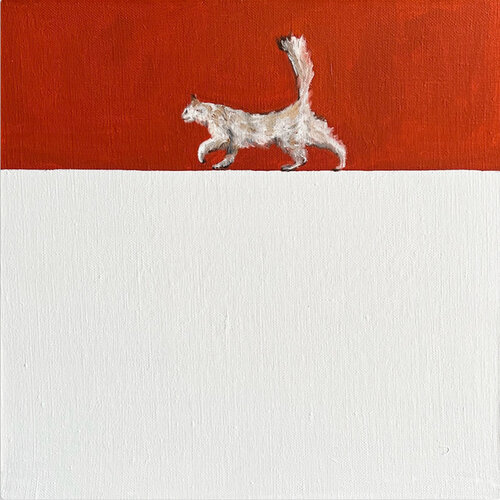 Cat with a Swagger – Red & White Oil on Canvas – 30x30 Minimalist Animal Statement van Victo, Schilderij te koop op Singulart