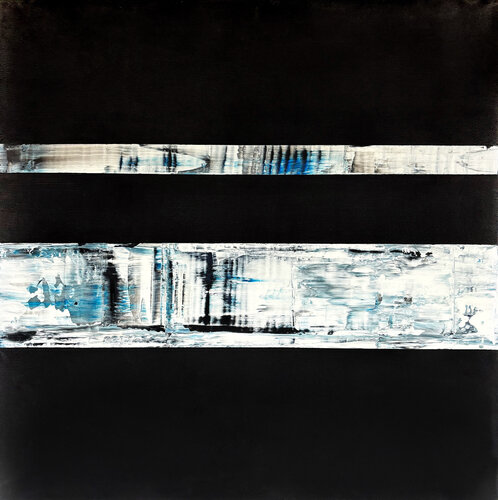 Bold Horizons – Minimalist Black & Blue Abstract Artwork – Modern Textured Painting on Canvas – 24x24" Contemporary Contrast Decor van Victo, Schilderij te koop op Singulart