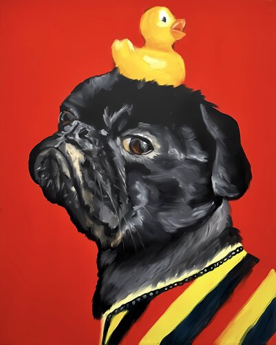 French Bulldog Portrait with Rubber Duck Playful Art for Dog Lovers van Victo, Schilderij te koop op Singulart
