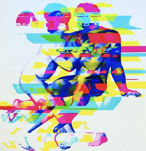 Modern Adam and Eve: Love, Temptation, and the Third Wheel Original Painting of Artistic Romance, Intimate Moments, Anaglyphical Art, Statue Figures in Love, Urban Artwork,  Neon Colors, Colorful Artwork, Hand-painted van Victo, Schilderij te koop op Singulart