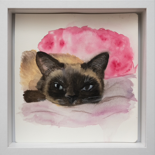 Dreamy Feline – Cute Cat Watercolor in a White Frame van Victo, Schilderij te koop op Singulart