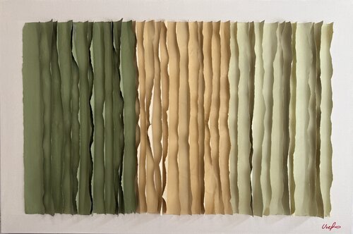 Large Abstract Minimalist Artwork - Green & Yellow Textured Wall Art - Acrylic Paper on Canvas 24x36 de Victo, Pintura a la venta en Singulart