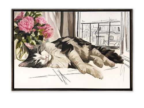 Paris Vibes – Relaxed Cat with Pink Peonies & Paris Window Scene | Oil & Acrylic Markers on Canvas 36x24 in” van Victo, Schilderij te koop op Singulart