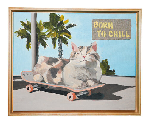 Born To Chill – Cool Cat on Skateboard Under Palm Trees | Oil & Marker on Canvas 16x20 in” van Victo, Schilderij te koop op Singulart