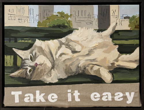 Too Cool To Move – Relaxed Cat on a Green Bench | Oil & Marker on Canvas 18x24 in” van Victo, Schilderij te koop op Singulart