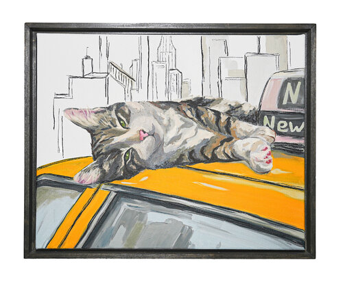 Cat In The City – Tabby on a Yellow Taxi Roof | Oil & Marker on Canvas 16x20 in” van Victo, Schilderij te koop op Singulart