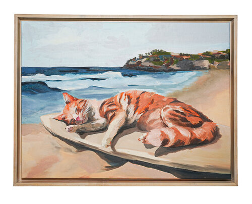 Chill on the Board – Orange Tabby Cat Relaxing on a Surfboard | Oil & Marker on Canvas 18x24 in” van Victo, Schilderij te koop op Singulart