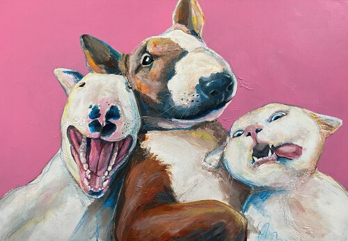 Friends Forever | Playful Contemporary Animal Portrait in Bold Pink van Victo, Schilderij te koop op Singulart