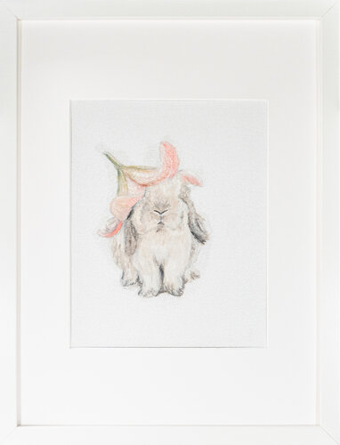 Blossom Bunny | Soft Pastel Rabbit with Lily – Oil Painting on Cardboard van Victo, Schilderij te koop op Singulart