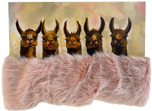 Cozy Alpacas Under One Blanket - Five Friendly Alpacas - Whimsical Animal Mixed Media Artwork with Faux Fur - 39x28" – Cozy, Playful, Unique Decor van Victo, Schilderij te koop op Singulart