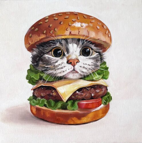 Burger Cat | Playful Cat Burger Pop Art Painting – Oil on Canvas 30x30 – Classical Humor Animal Art van Victo, Schilderij te koop op Singulart
