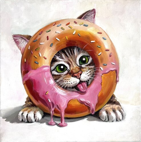 Cat in a Donut | Playful Cat Donut Painting – Oil on Canvas 30x30 – Classical Humor Animal Art van Victo, Schilderij te koop op Singulart