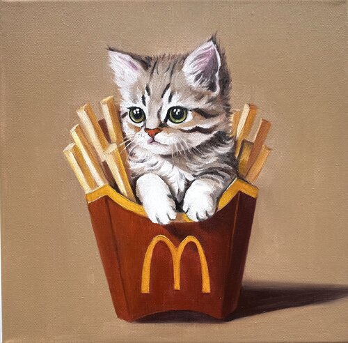 Fries Lover | Playful Kitten in French Fries Box – Oil on Canvas 30x30 – Classical Humor Animal Art van Victo, Schilderij te koop op Singulart