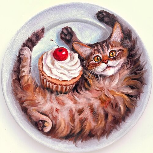 On a Dessert Plate | Kitten with Cupcake Painting – Oil on Canvas 30x30 – Classical Humor Animal Art van Victo, Schilderij te koop op Singulart
