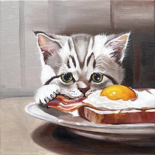 Breakfast Thief | Cat with Bacon and Egg – Oil on Canvas 30x30 – Classical Humor Animal Art van Victo, Schilderij te koop op Singulart