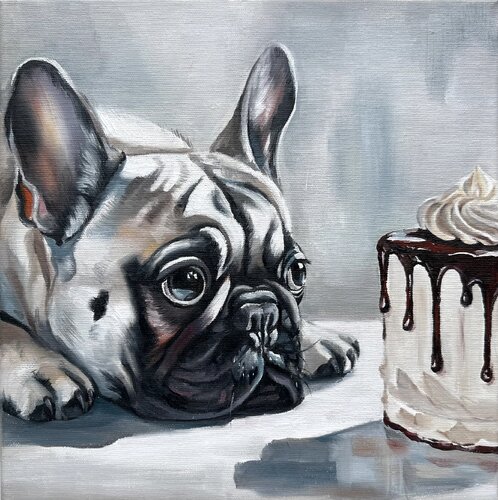 Bulldog and Cake | Curious French Bulldog with Dessert Painting – Oil on Canvas 30x30 – Classical Humor Animal Art van Victo, Schilderij te koop op Singulart