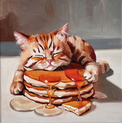 Lord of the Flapjacks | Sleeping Cat on Pancakes– Oil on Canvas 30x30 – Classical Humor Animal Art van Victo, Schilderij te koop op Singulart