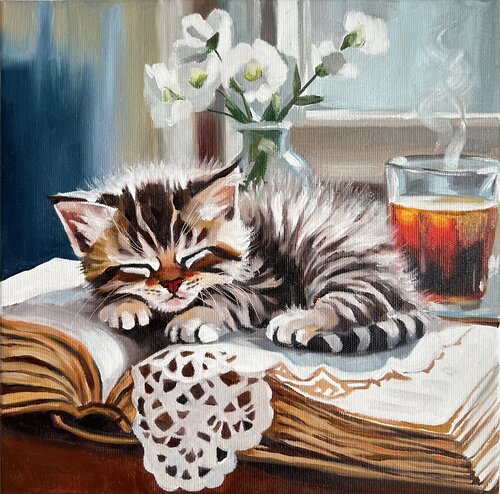 The Purrfect Chapter | Sleeping Kitten, Book and Tea Still Life – Oil on Canvas 30x30 – Classical Humor Animal Art van Victo, Schilderij te koop op Singulart