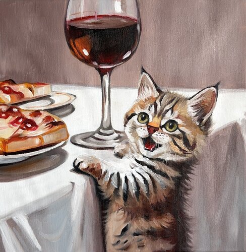 The Curious Dinner Guest  – Oil on Canvas 30x30 – Classical Humor Animal Art van Victo, Schilderij te koop op Singulart