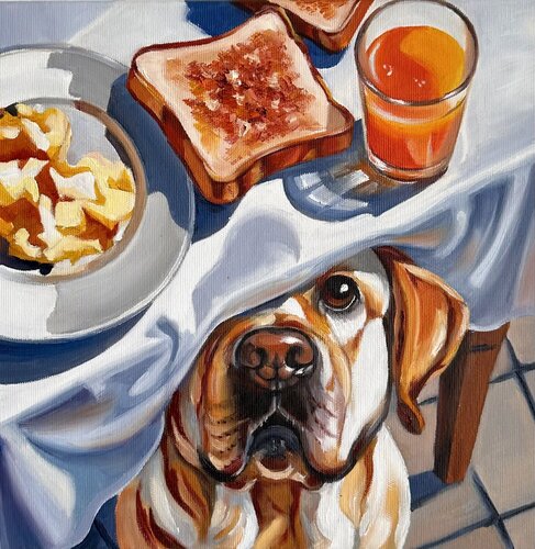 Those Eyes | Labrador and Breakfast Table Scene  – Oil on Canvas 30x30 – Classical Humor Animal Art van Victo, Schilderij te koop op Singulart