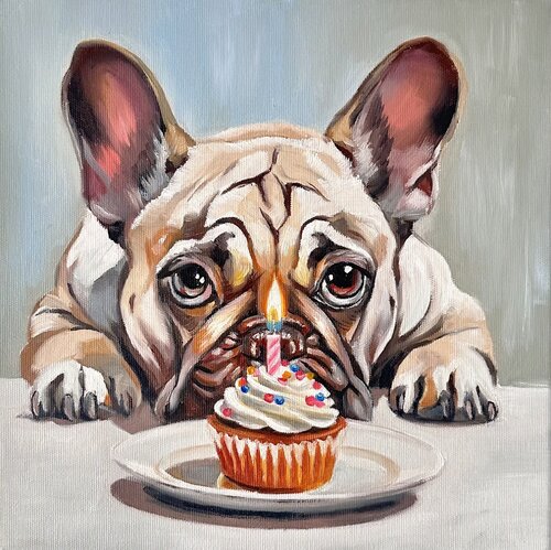 Make a Wish | Bulldog and Birthday Cupcake  – Oil on Canvas 30x30 – Classical Humor Animal Art van Victo, Schilderij te koop op Singulart