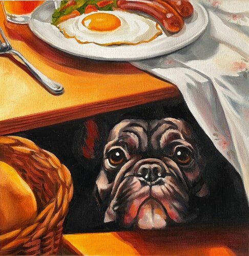 Just One Bite | Hungry Bulldog Under the Table  – Oil on Canvas 30x30 – Classical Humor Animal Art van Victo, Schilderij te koop op Singulart