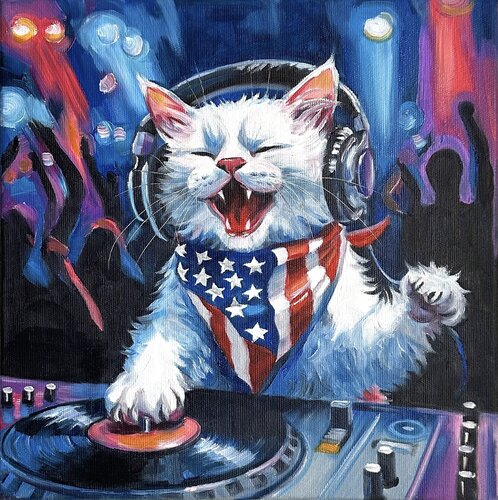 DJ Mood | Cat Lost in the Beat  – Oil on Canvas 30x30 – Classical Humor Animal Art di Victo, Pittura in vendita su Singulart