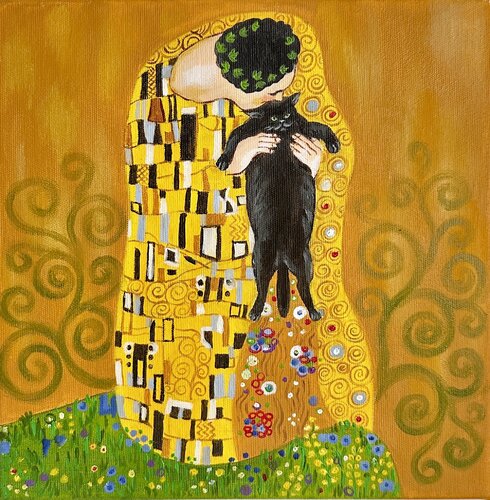 The Golden Cat | Cat Visiting Klimt – Oil on Canvas 30x30 – Classical Humor Animal Art Victo
