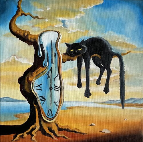 The Persistence of Cat  – Oil on Canvas 30x30 – Classical Humor Animal Art par Victo, Peinture en vente sur Singulart