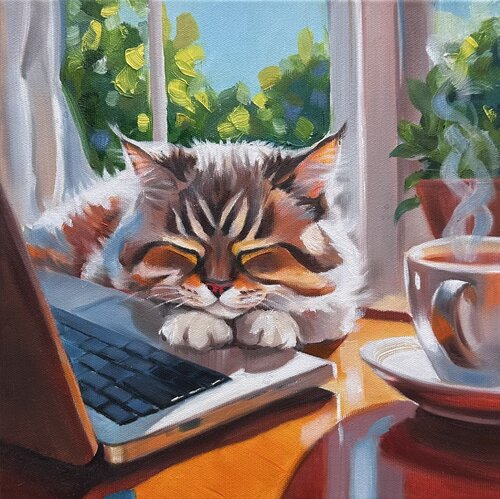 Do Not Disturb | Sleeping Kitten on Laptop par Victo, Peinture en vente sur Singulart