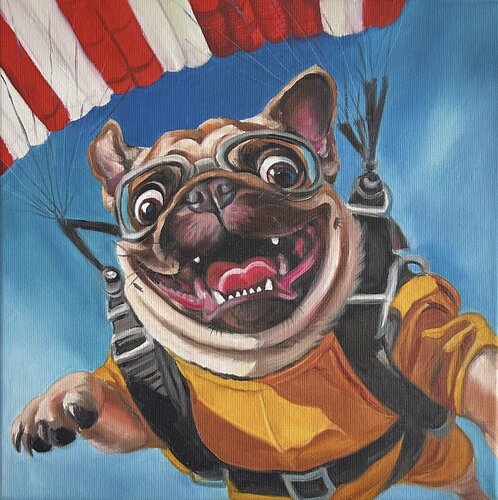 No Thoughts, Just Jump | Emotional Support Jump | Bulldog Skydiving by Victo, 絵画 for Sale on Singulart