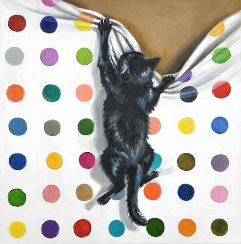 Spot the Cat | Cat Visiting Damien Hirst Oil painting with cat Contemporary wall art di Victo, Pittura in vendita su Singulart