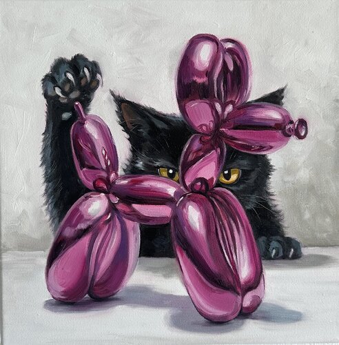 Balloon Cat | Cat Visiting Jeff Koons - Oil painting with cat Contemporary wall art van Victo, Schilderij te koop op Singulart