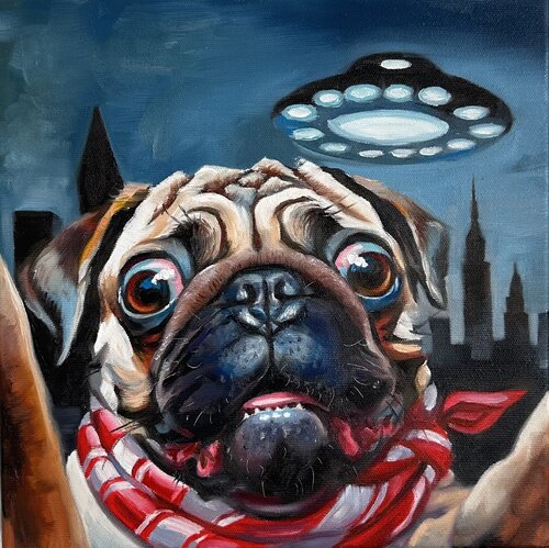 They’re Watching | Pug Under the UFO - Oil painting with cat Contemporary wall art by Victo, Painting for Sale on Singulart
