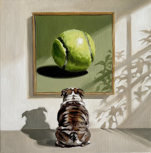The Great Contemplation | Bulldog and the Tennis Ball –  Oil painting Contemporary wall art von Victo, Malerei kaufen auf Singulart