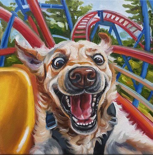 No Brakes | Dog on Rollercoaster –  Oil painting with cat Contemporary wall art di Victo, Pittura in vendita su Singulart