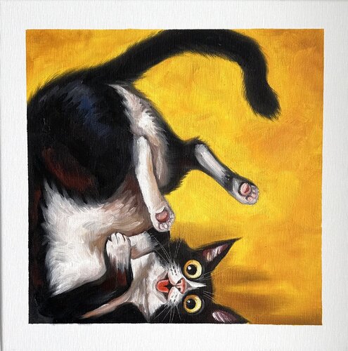 Same Energy I | Cat in Motion –  Motherhood Oil painting with cat animal art Contemporary wall art par Victo, Peinture en vente sur Singulart