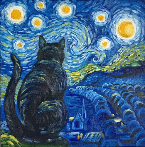Starry Night Visitor | Cat Visiting Van Gogh –  Oil painting with cat Contemporary wall art par Victo, Peinture en vente sur Singulart