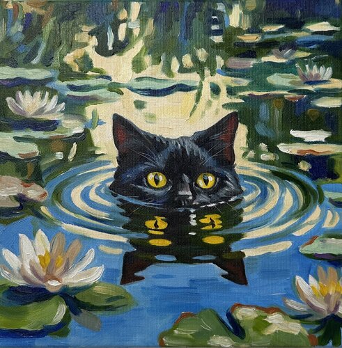 Monet’s Quiet Guest | Cat Visiting Monet inspired Whimsy Whimsical Cat Company Emotive Color par Victo, Peinture en vente sur Singulart