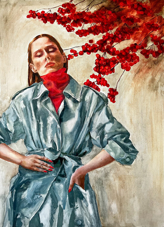 110x80 cm -  Original Painting of Girl in Coat Contemporary Art Paintings Hand-painted Ready to Hang Rich Texture Modern Wall Decor Canvas Art Autumn Colours Victo