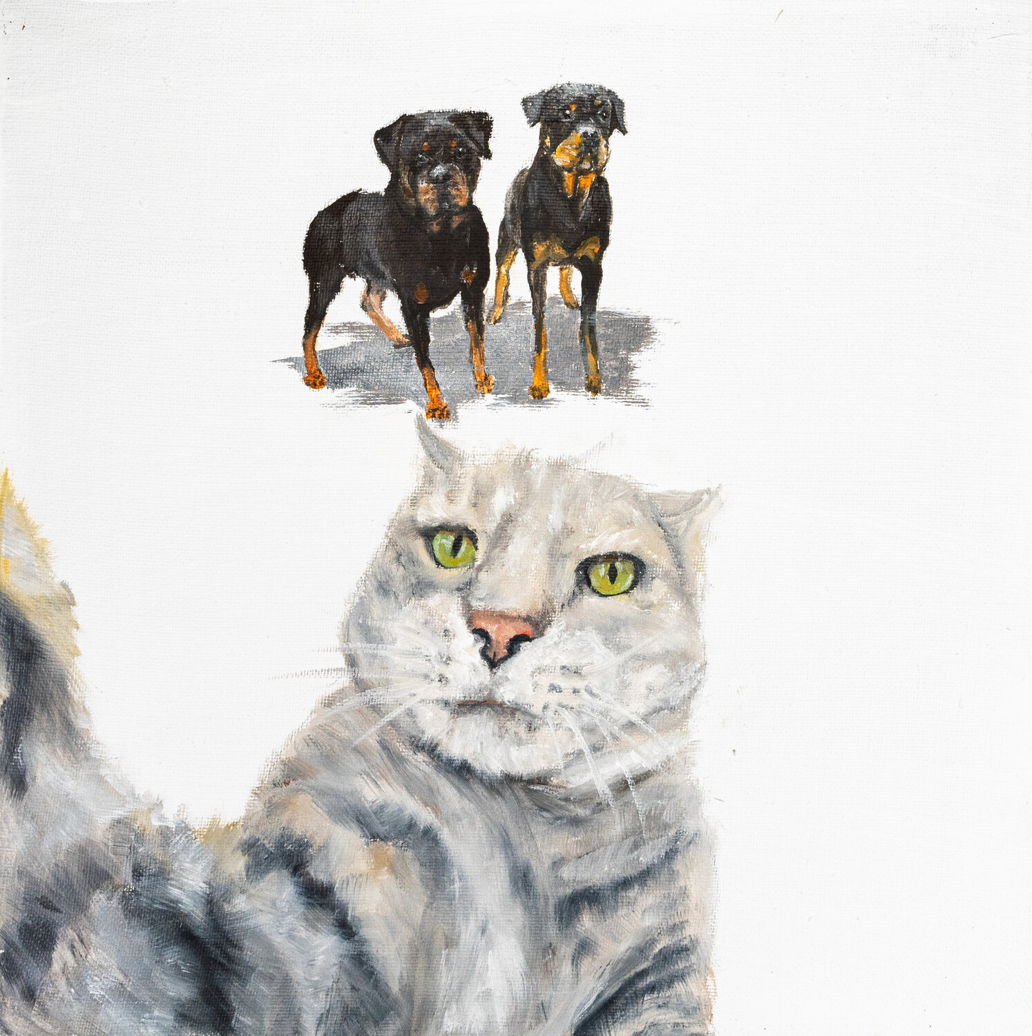 The Selfie Showdown – Oil on Linen 30x30 – Tabby vs Rottweilers Victo Originalgemälde zu verkaufen
