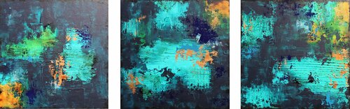 XXL Abstract Midnight River Triptych 150 x 50cm Textured Abstract van Susan Wooler, Schilderij te koop op Singulart