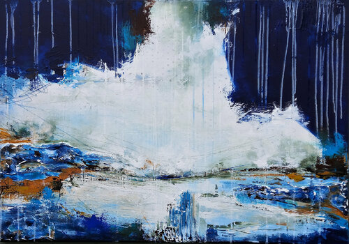 XXL Early Evening 100 x 70cm Textured Abstract Painting van Susan Wooler, Schilderij te koop op Singulart