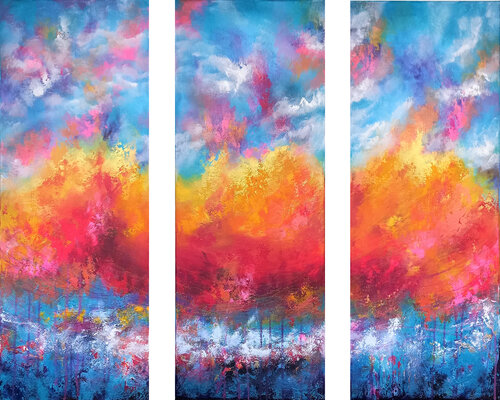 XL Through The Clouds 90 x 80 cm Triptych Textured Abstract Paintings van Susan Wooler, Schilderij te koop op Singulart