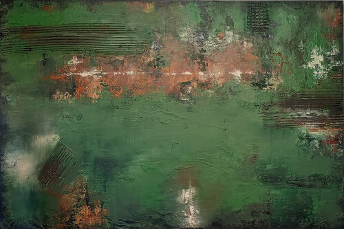 Green Echoes X  Textured Abstract 150 x 100 cm van Susan Wooler, Schilderij te koop op Singulart